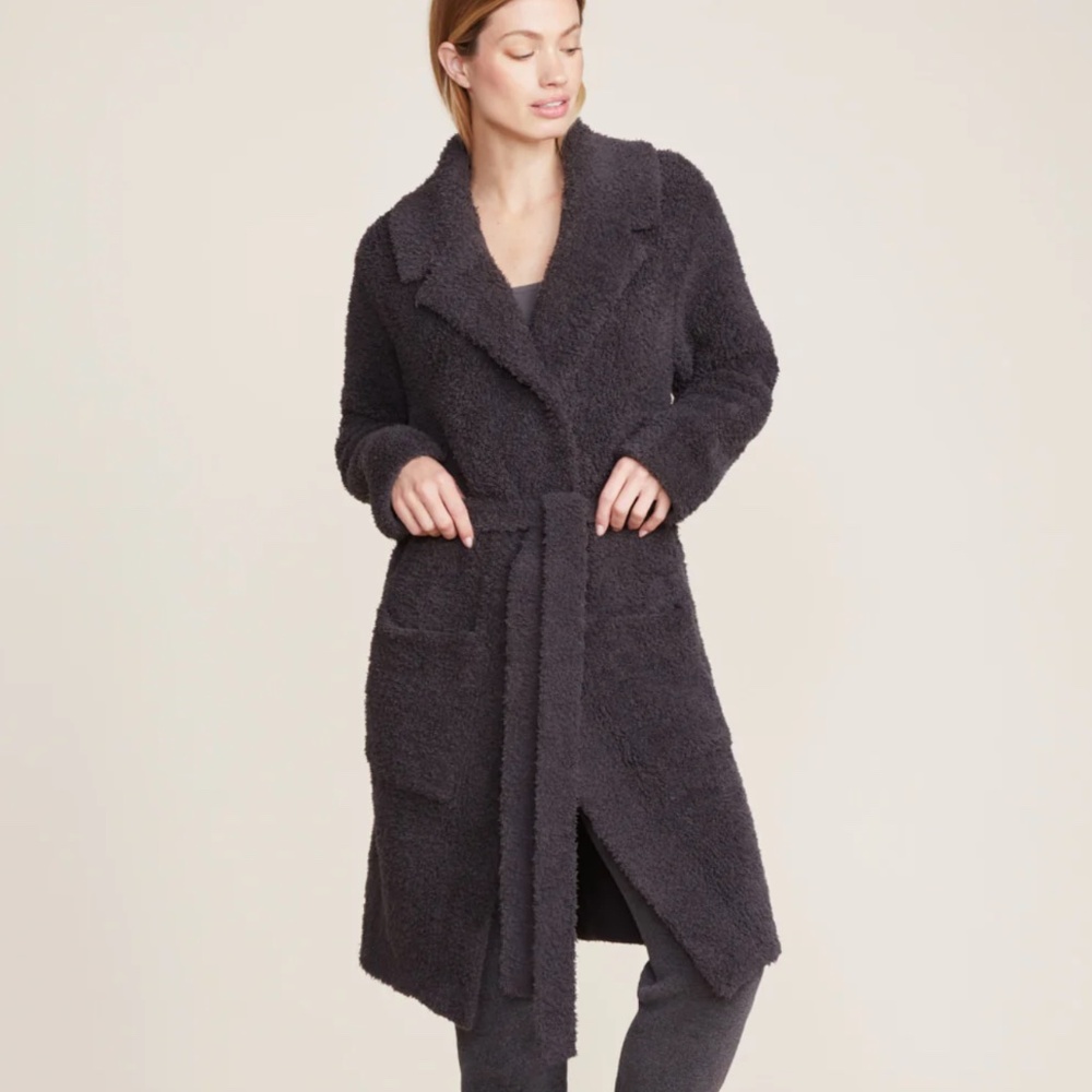 Carbon Sz 38 Medium Black open front Belted teddy Coat Sherpa flex soft cozy